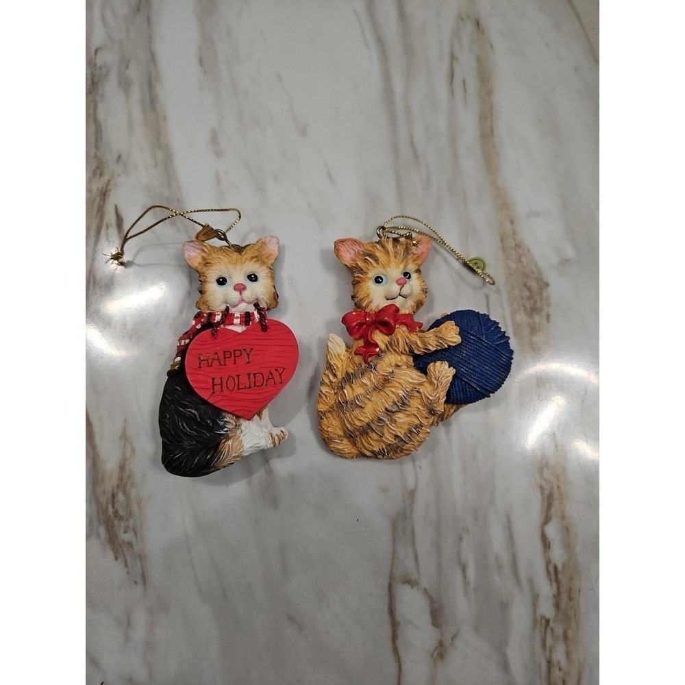 Kitten Christmas Ornament Cat With A Red Bow Tie Playing With Ball Of Yarn